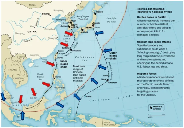 The part marked as "Inner Island chain" in the photo is the First Island Chain. (Source: ASPI The Strategist)